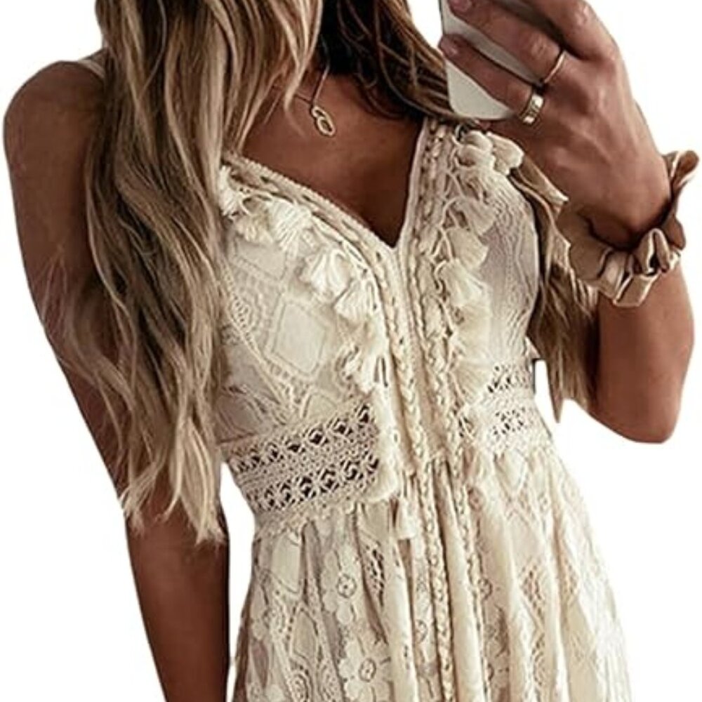 Bohemian Fringe Cream Lace Maxi Dress with Tassel Detail, L, Free Shipping